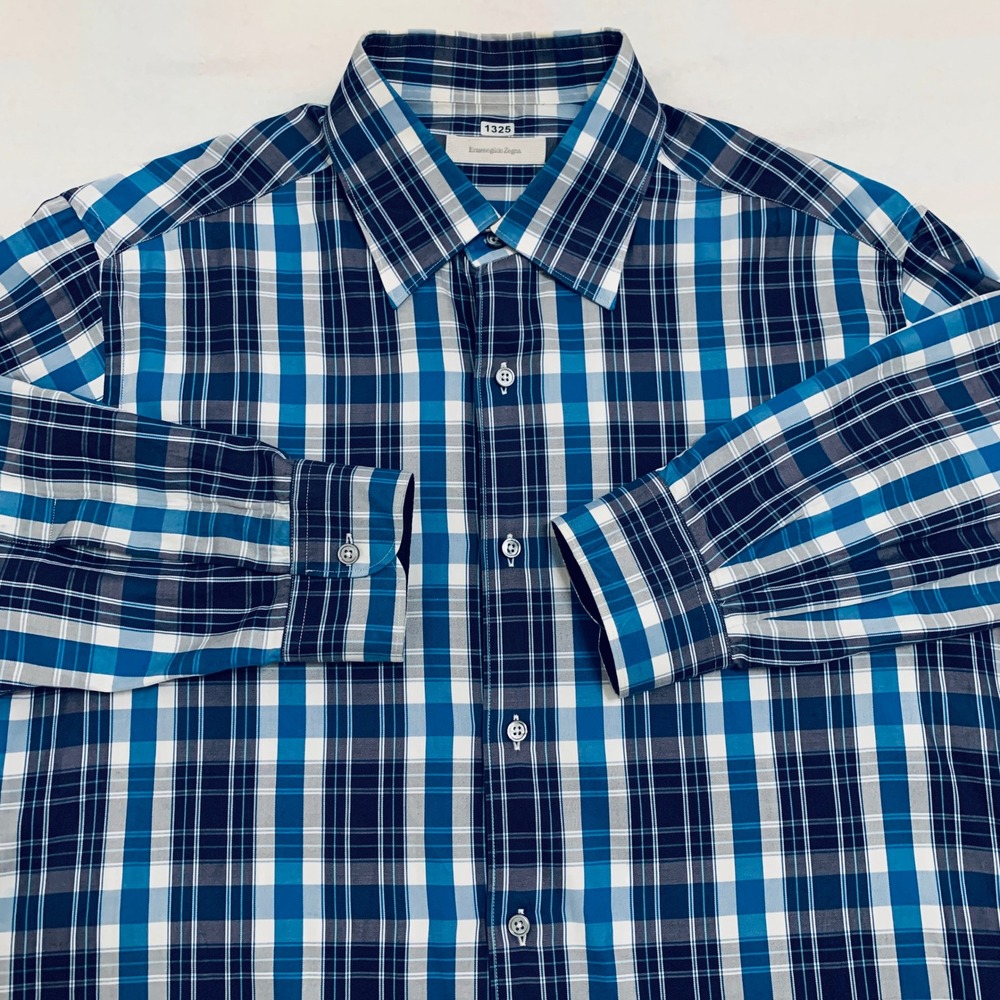 Ermenegildo Zegna Men XL Blue Plaid Long Sleeve Button Down Italian Cotton Shirt